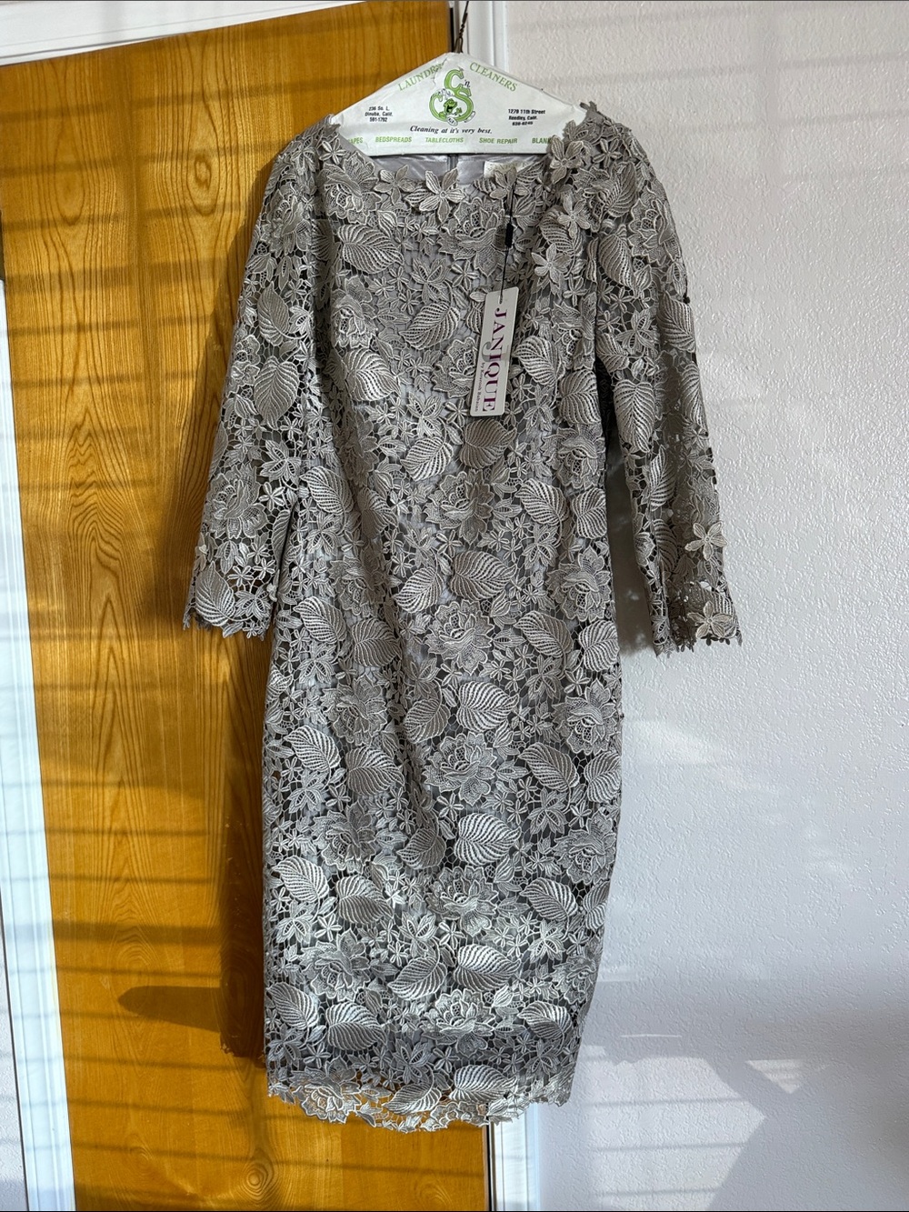 Janique Taupe Floral Lace Midi Dress with Three-Quarter Sleeves